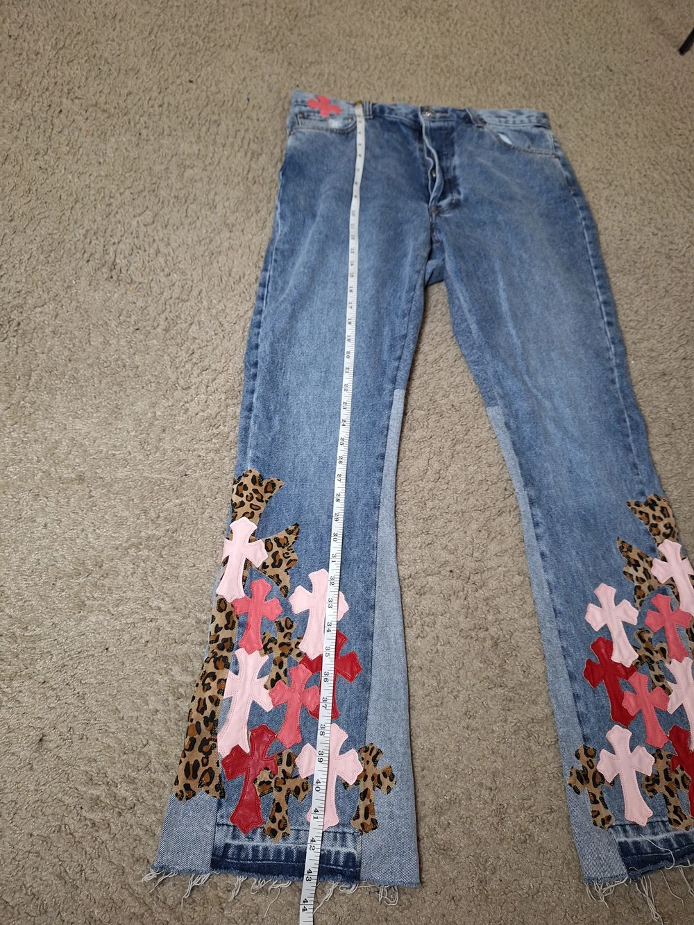 Chrome Hearts Inspired Cross Patch Flared Pink Red Leopard Y2K Denim Jeans 34